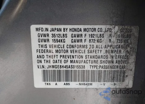 2010 Honda Fit Sport from USA, damaged, VIN JHMGE8H45AS015538